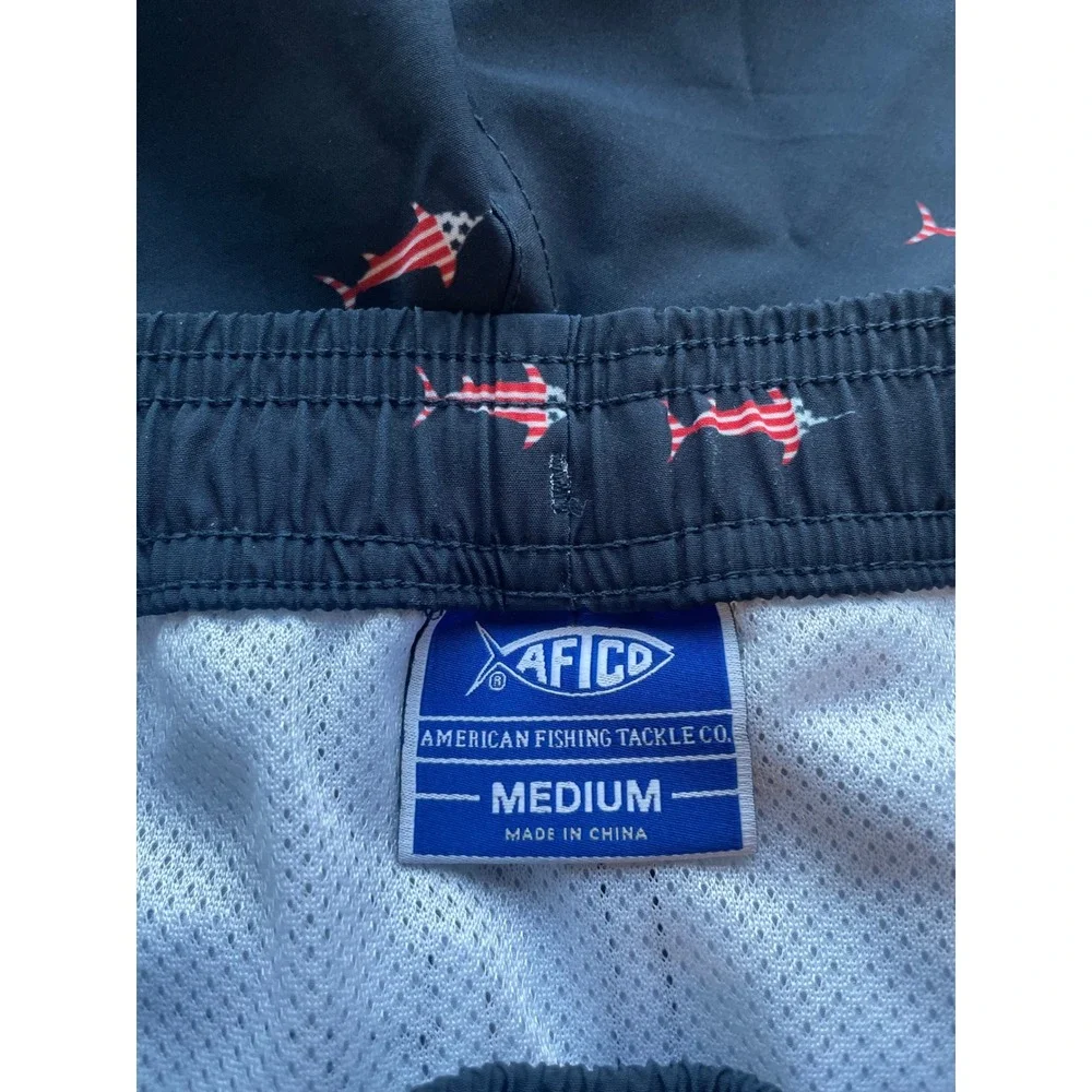 AFTCO Men's Navy Blue American Flag Marlin Print Swim Trunks Shorts Medium